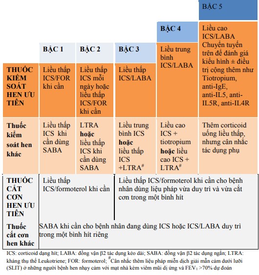 Tăng hoặc giảm bậc thuốc kiểm soát hen để kiểm soát triệu chứng và giảm thiểu nguy cơ