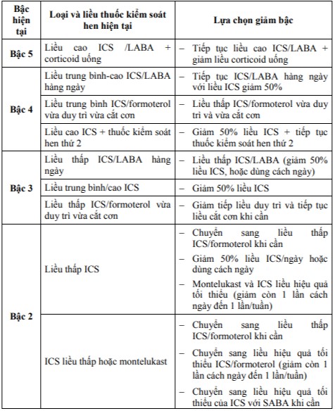 Các lựa chọn giảm bậc khi hen được kiểm soát hoàn toàn